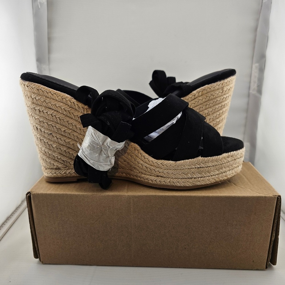 LAICIGO Women's Black Faux Suede Open Toe Espadrille Wedge Sandals Size 8.5‎ New - Picture 2 of 11